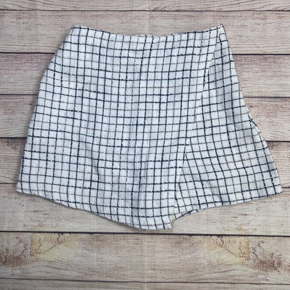 Abercrombie & Fitch Tweed Skort Size XS White Black Grid‎ Check High Waist Lined
